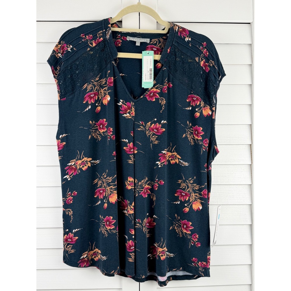 Daniel Rainn Knit Top XXL Dark Green Floral Crochet Pleated NEW